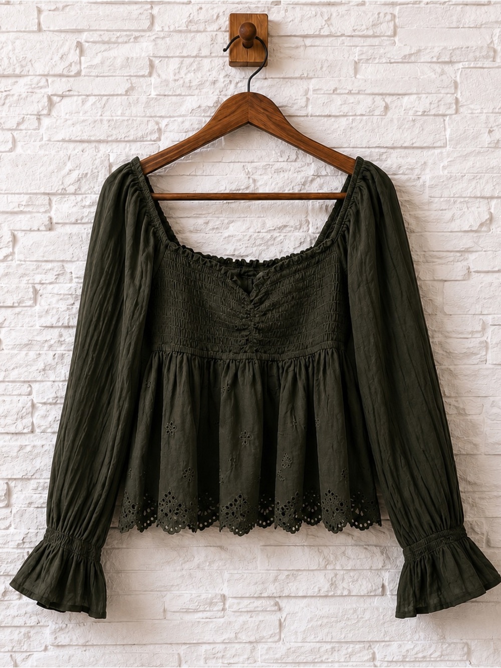 American Eagle Outfitters Olive Green Smocked Peasant Blouse